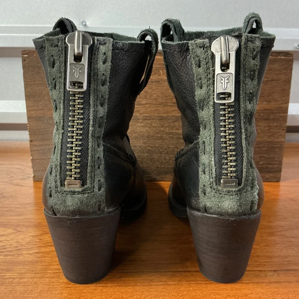 Frye Women Leslie Artisan Black Leather Boho Cowgirl Zip Ankle Boot Size 6.5